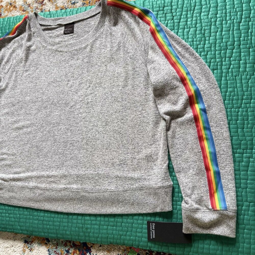 NEW Free Press Sweatshirt Womens L Gray Rainbow Accent Long Sleeve Crew Neck NWT - Picture 11 of 16